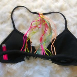 Victoria Secret Black Bikini Top Padded Neon Straps Racerback Size Small